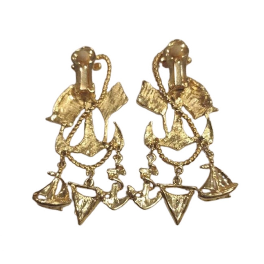 Vtg 80 Gold Tone Nautical Dangle Clip On Earrings - Picture 2 of 2